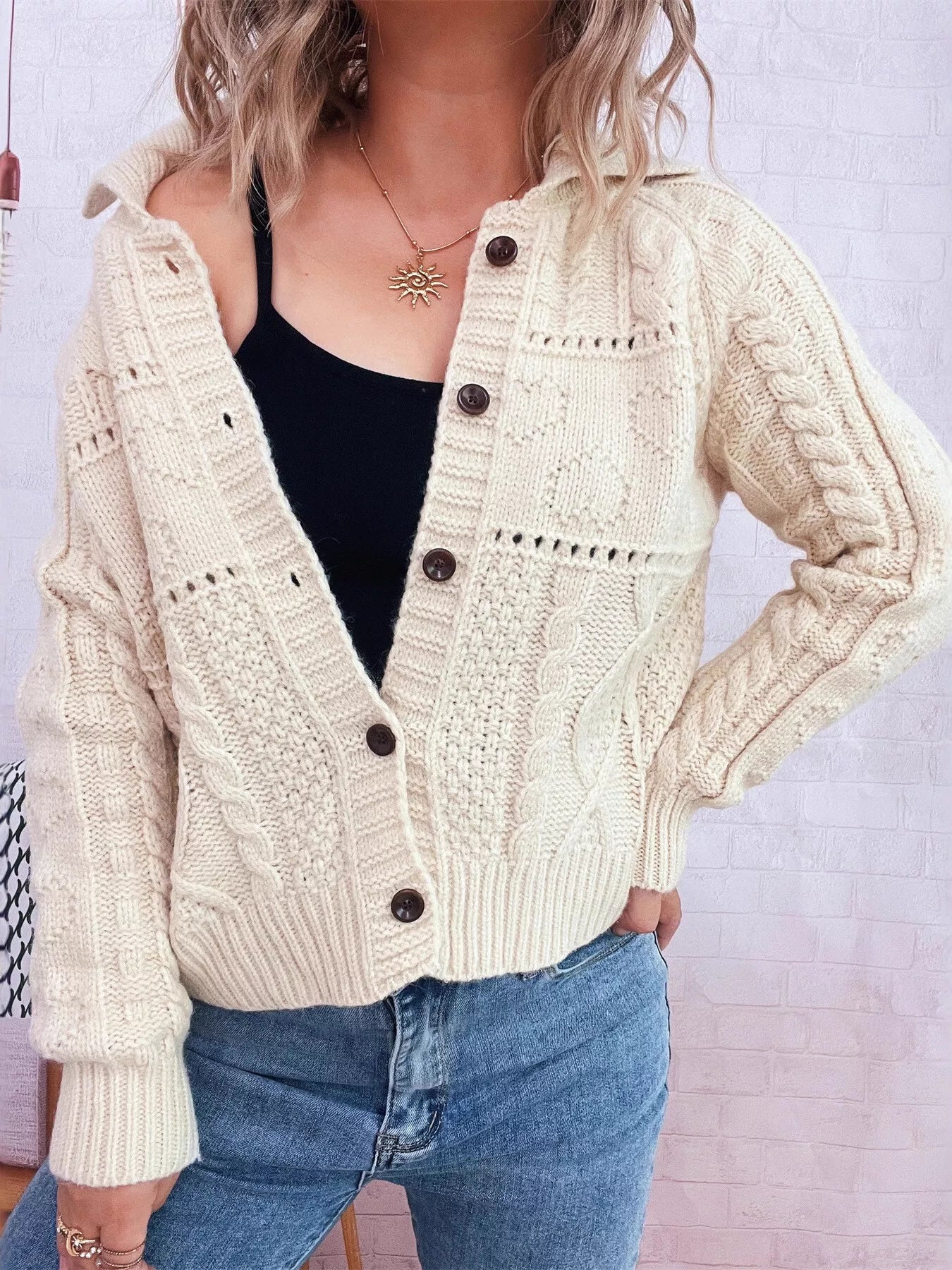 Openwork Cable Knit Button-Up Cardigan Apricot One Size