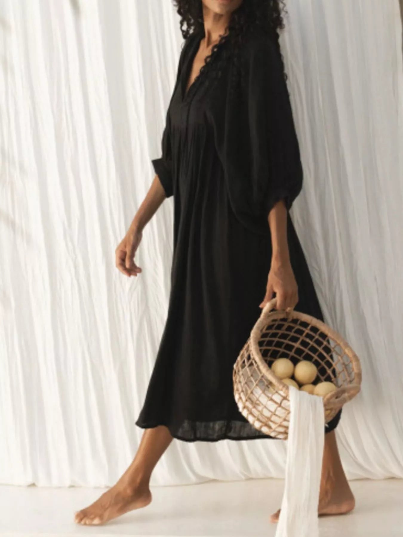 Tie Neck 3/4 Sleeve Midi Dress