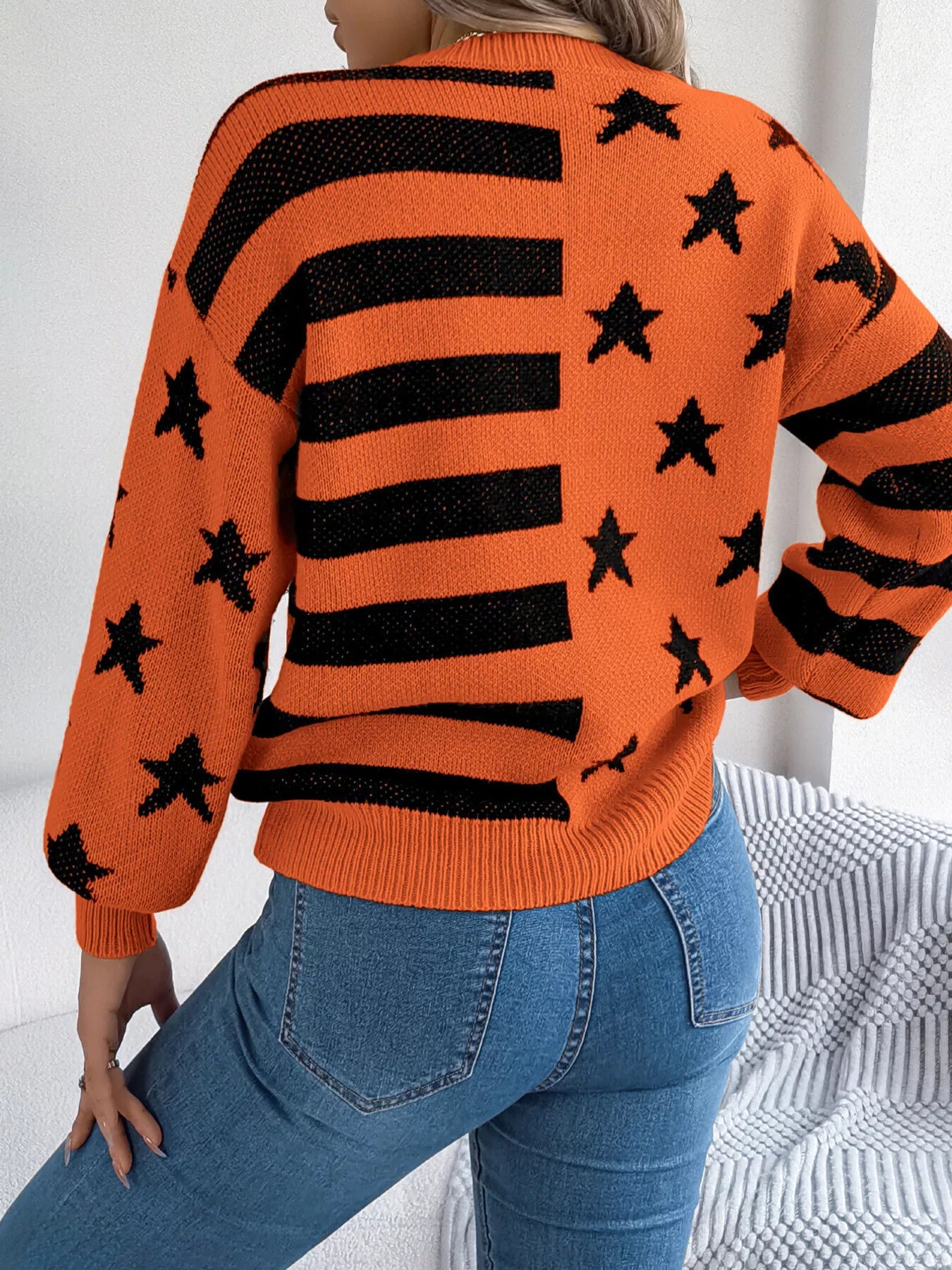 Stars and Stripes Pattern Casual Round Neck Sweater
