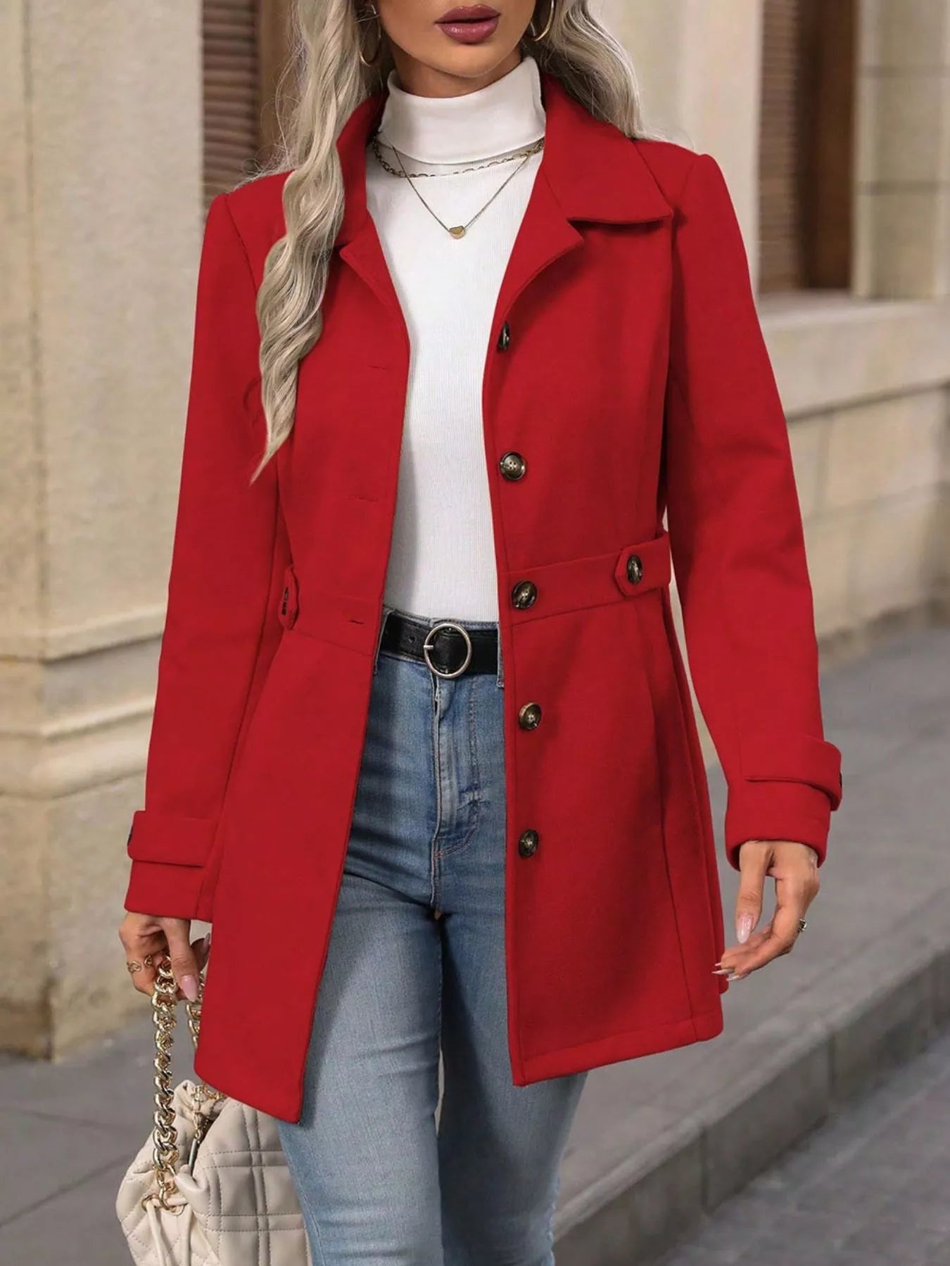 Button Up Long Sleeve Coat Red