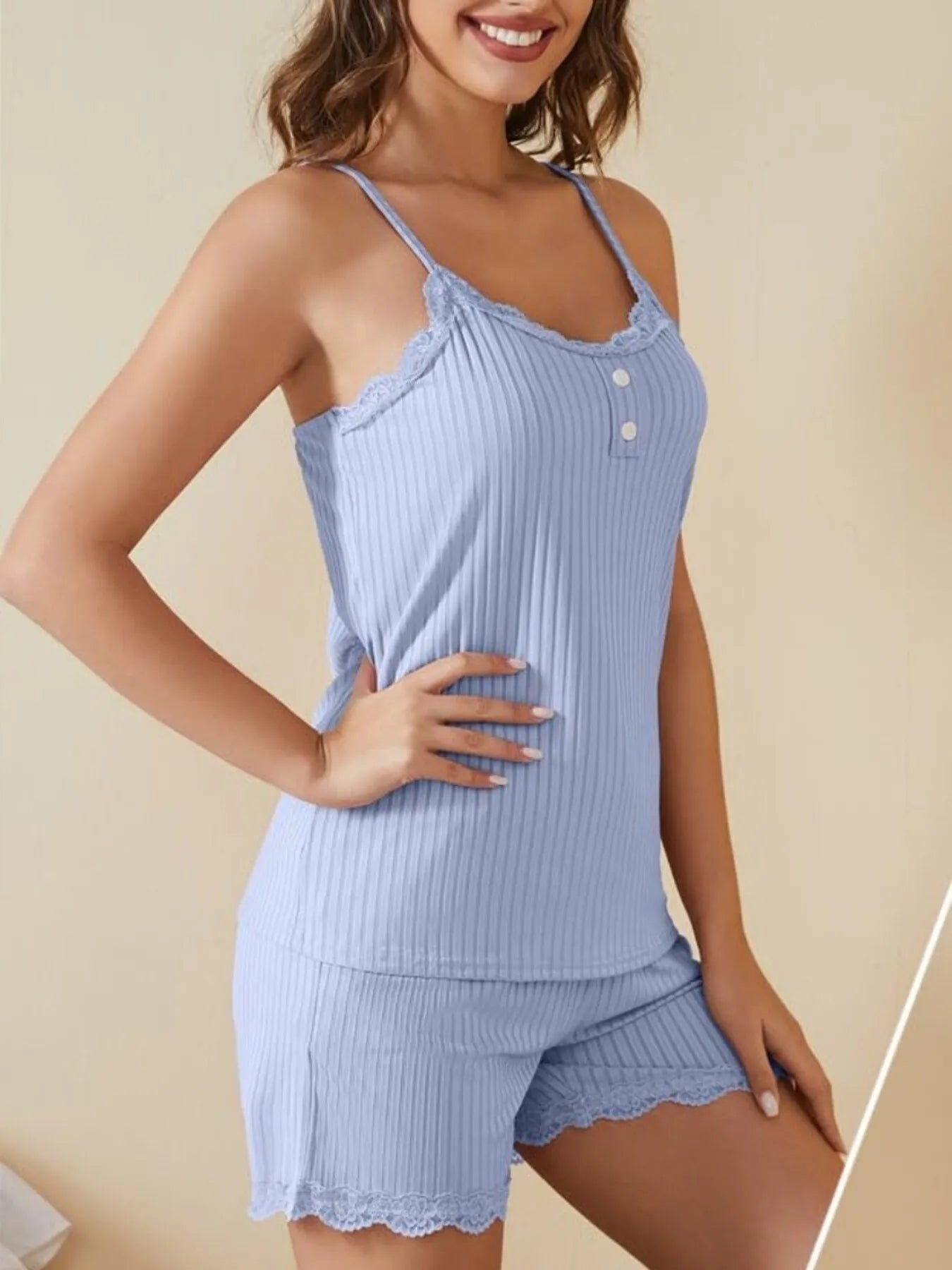Lace-Trimmed Ribbed Cami and Shorts Lounge Set Light Blue