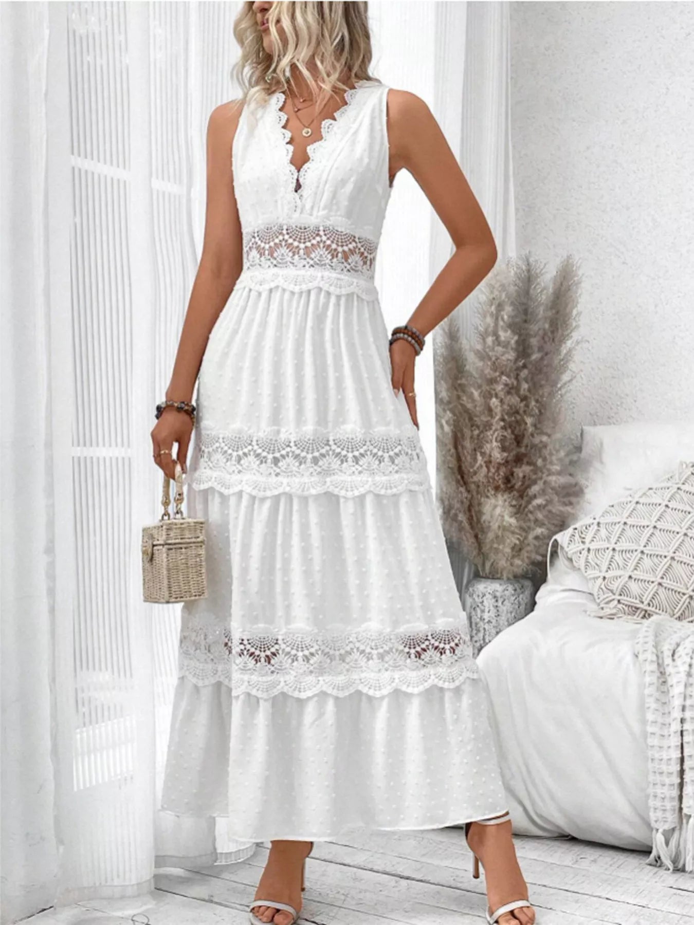 Full Size Lace Detail Tie Back Sleeveless Tiered Dress Plus Size White