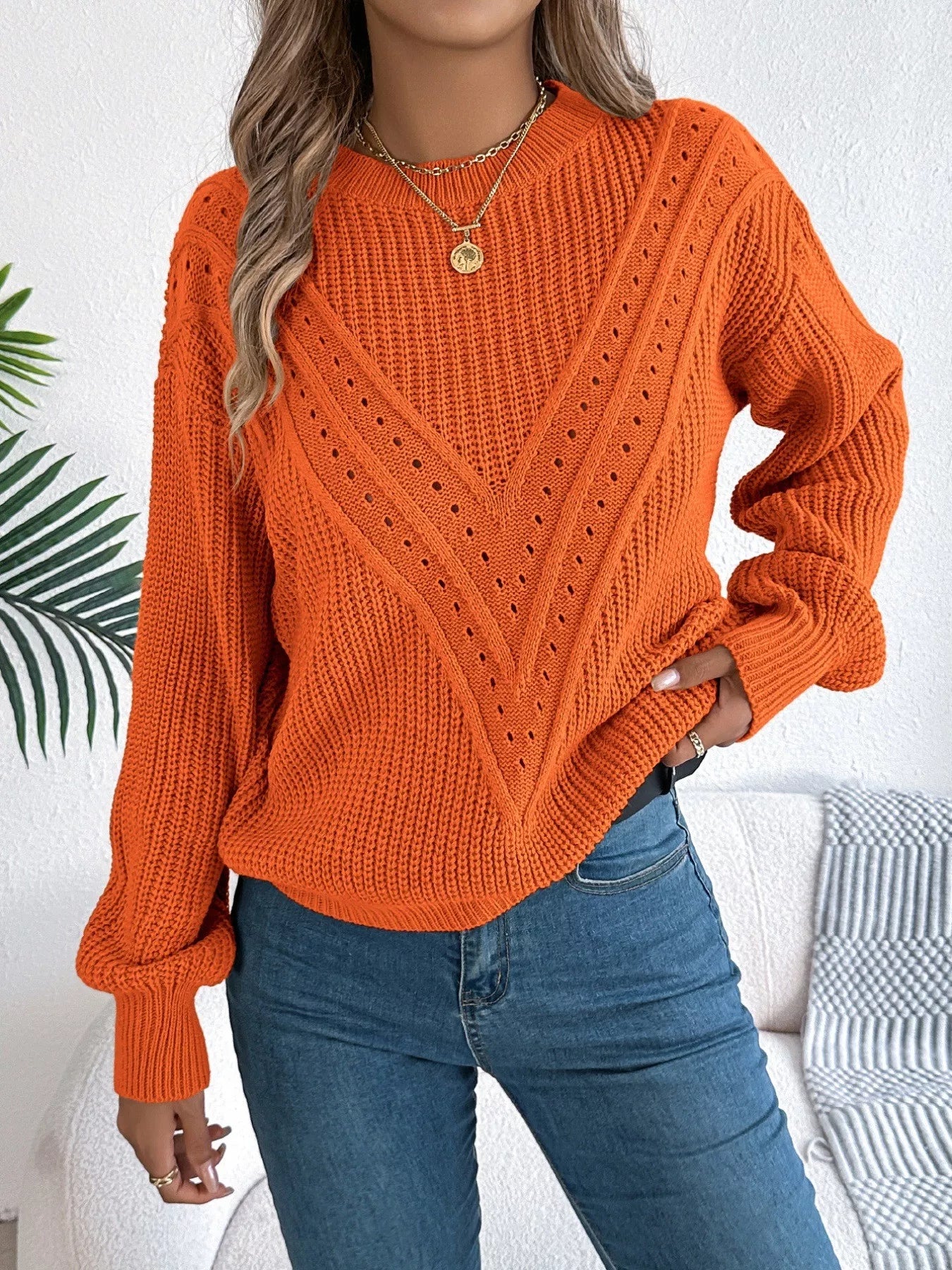 Openwork Round Neck Sweater Orange
