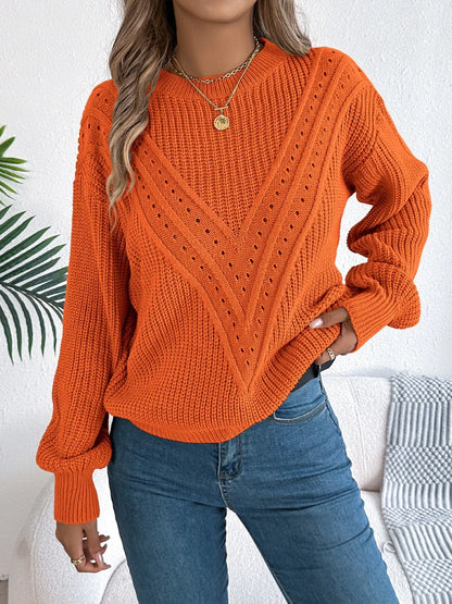 Openwork Round Neck Sweater Orange
