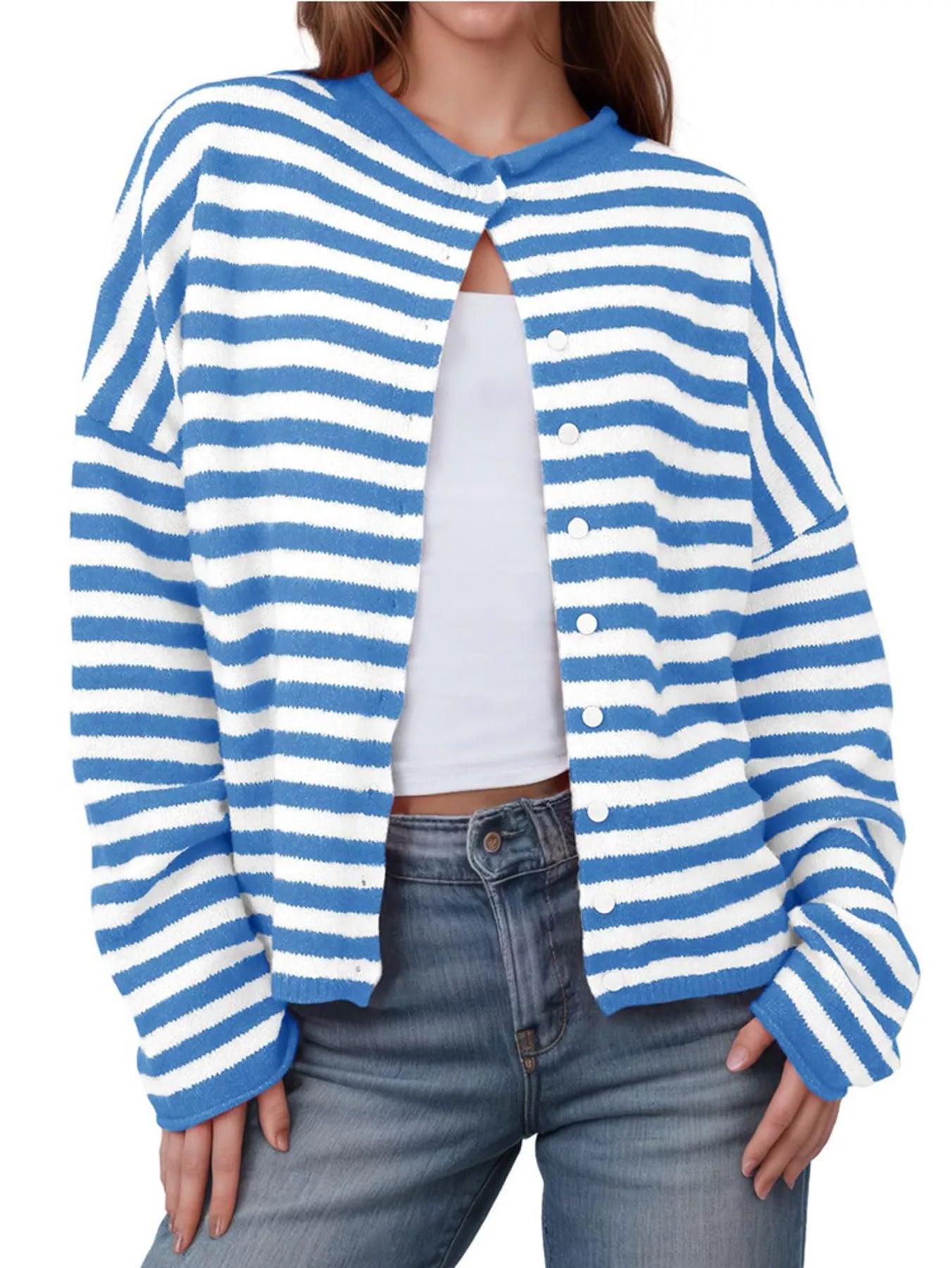 Striped Button-Up Cardigan Blue