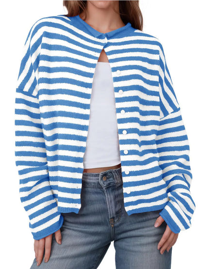 Striped Button-Up Cardigan Blue