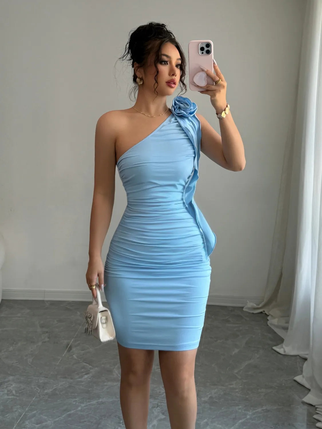 Flower Single Shoulder Mini Dress