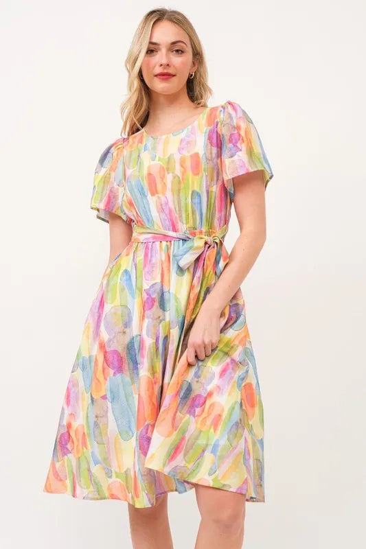 Lime 'N' Chili Watercolor Print Tie Front Midi Dress