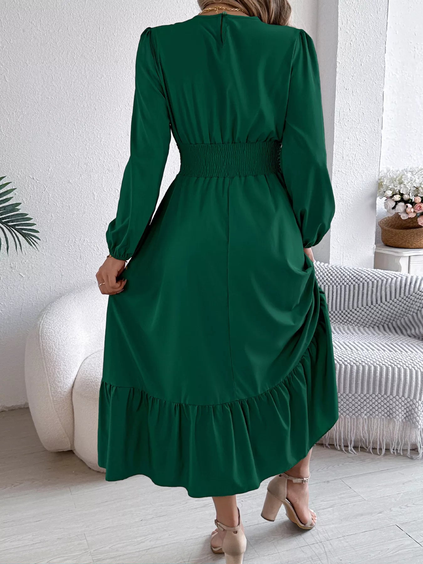 Round Neck Balloon Sleeve Tiered Dress