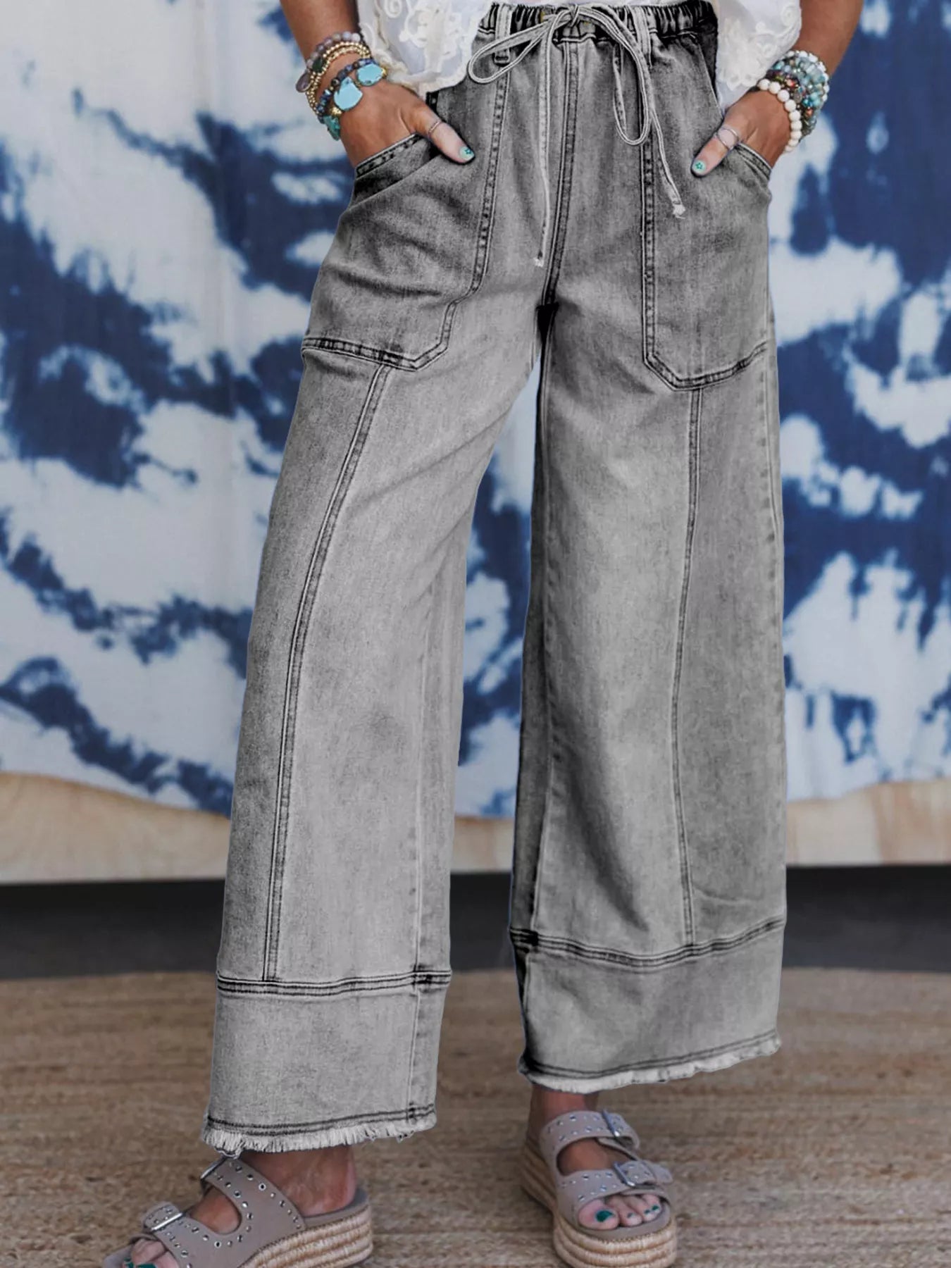 Wide Leg Drawstring Raw Hem Jeans Gray