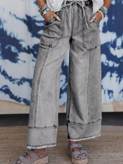 Wide Leg Drawstring Raw Hem Jeans Gray