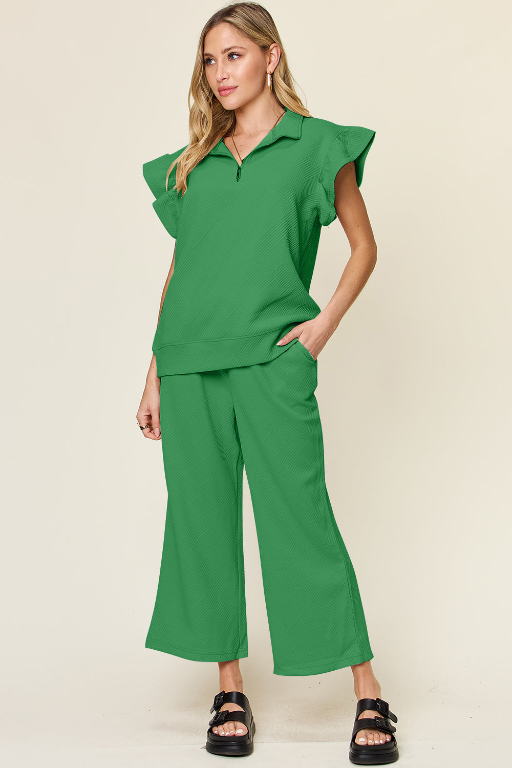 Textured Ruffle Top & Drawstring Wide Leg Pants Set Mid Green