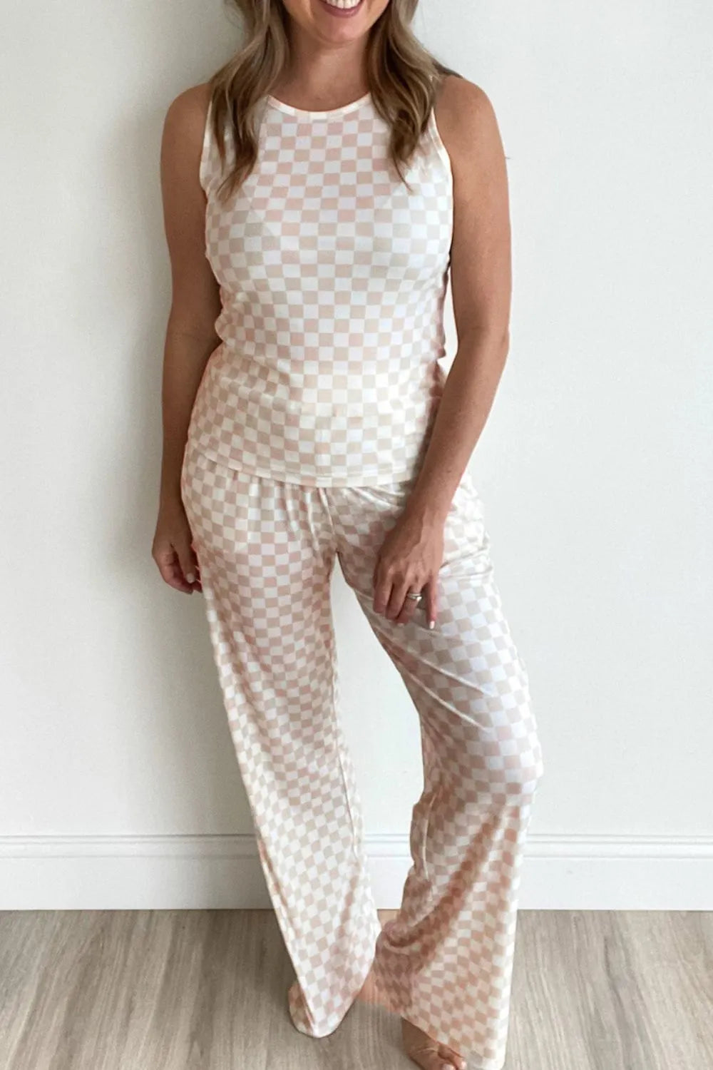 Ribbed Texture Checkered Print Tank and Pants Set