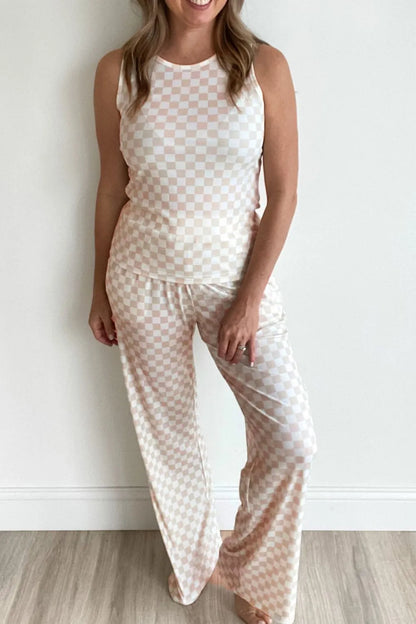 Ribbed Texture Checkered Print Tank and Pants Set
