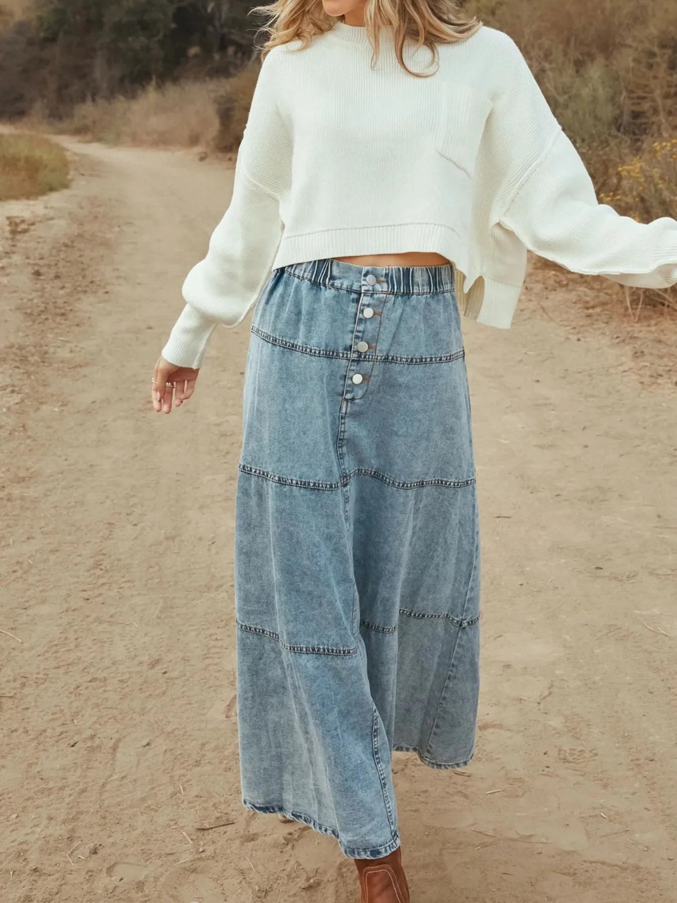 Button-Front Tiered Maxi Denim Skirt