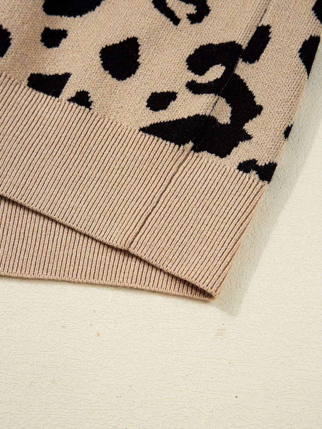 Leopard Pattern Lace Ribbed Detail Button Cuffed Sweater