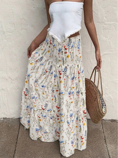 Floral Tiered Maxi Skirt White