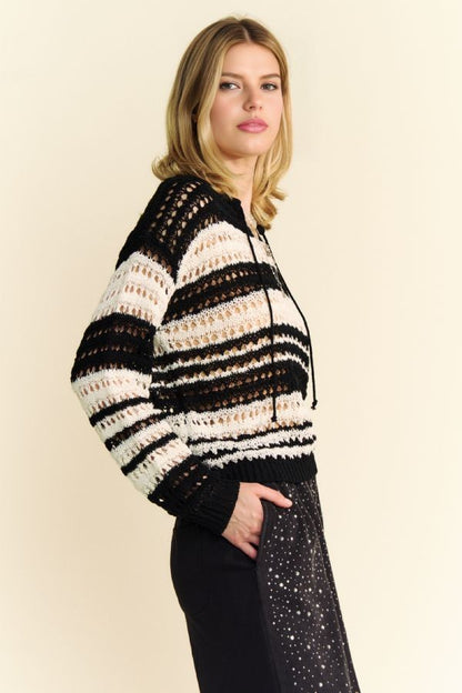 Back To School Sweater - Davi & Dani Contrast Striped Crochet Drop Shoulder Knit Cover Up