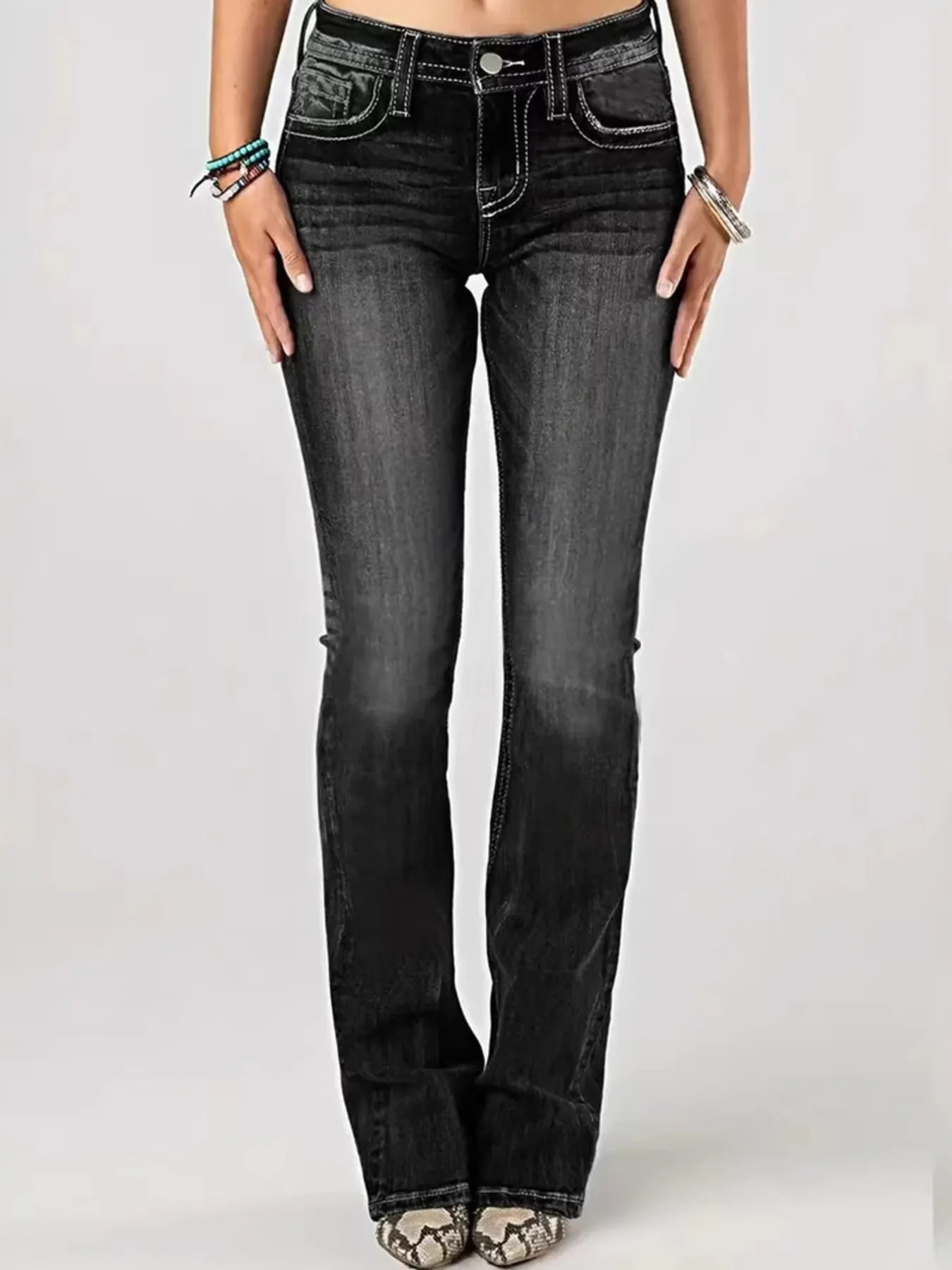 Embroidered Washed Bootcut Jeans Black