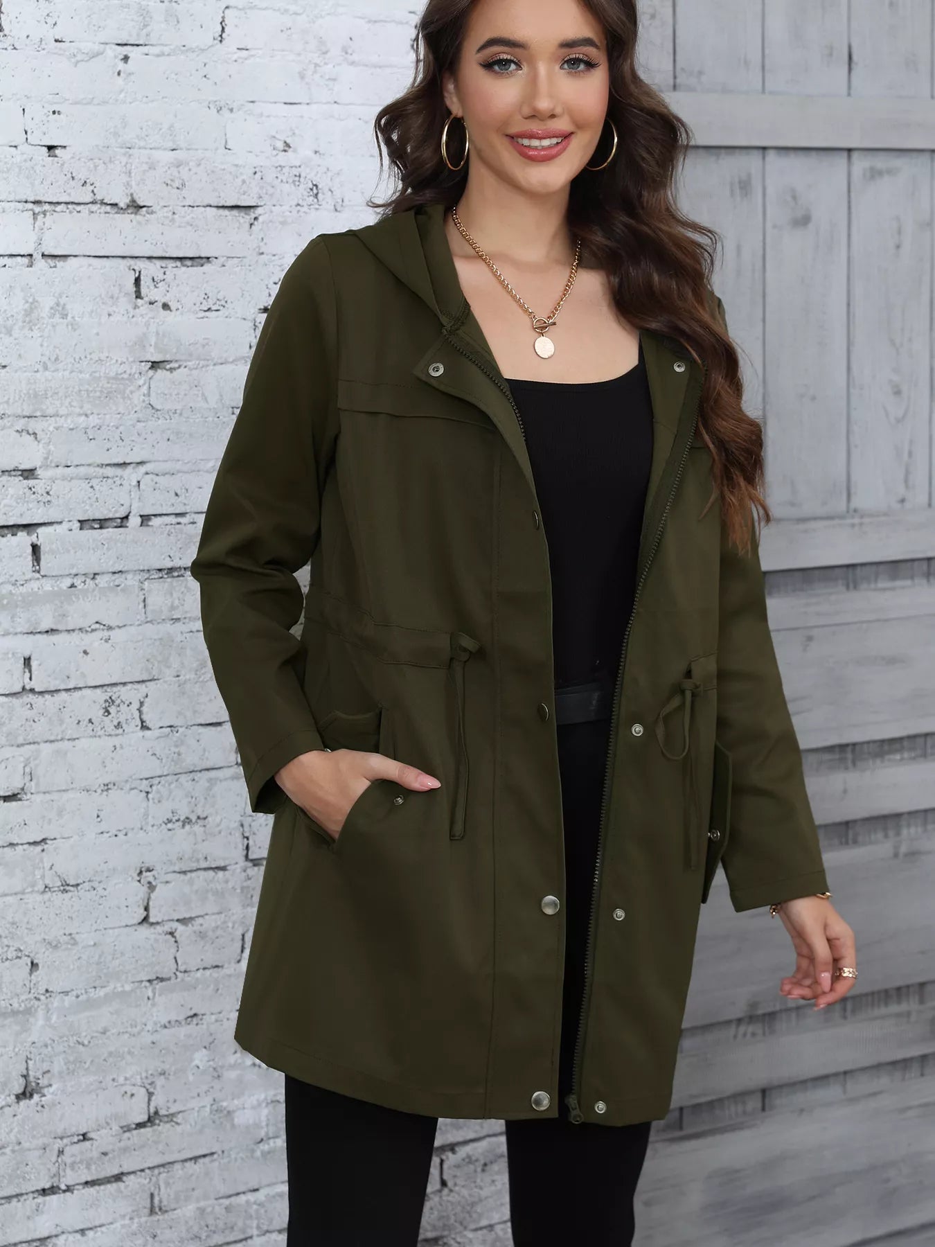 Hooded Drawstring Waist Casual Outerwear