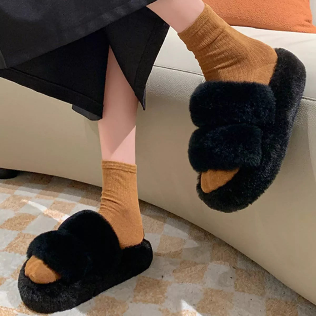 Fluffy Open Toe Slippers Black