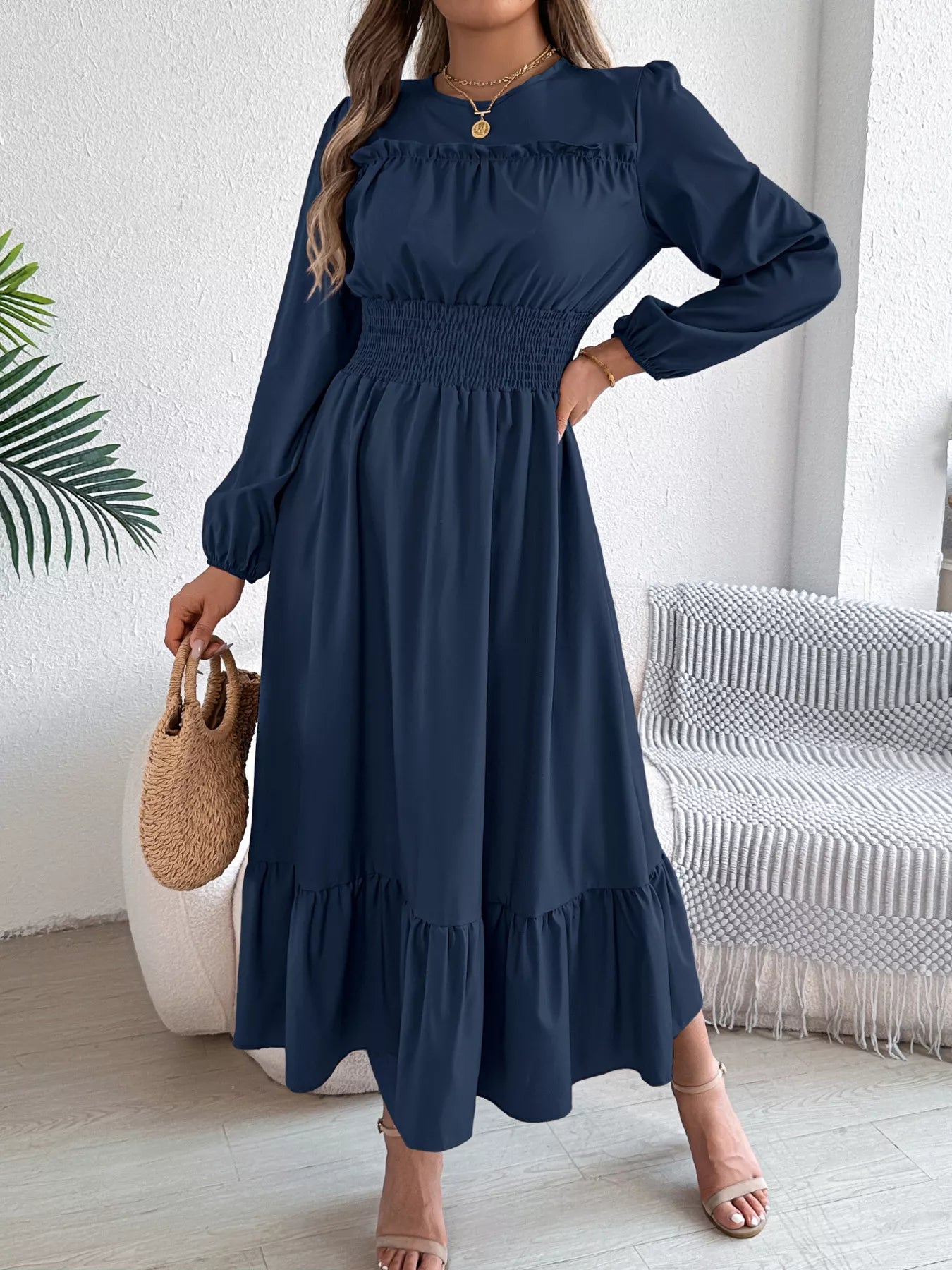 Round Neck Balloon Sleeve Tiered Dress