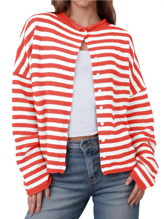 Striped Button-Up Cardigan Red