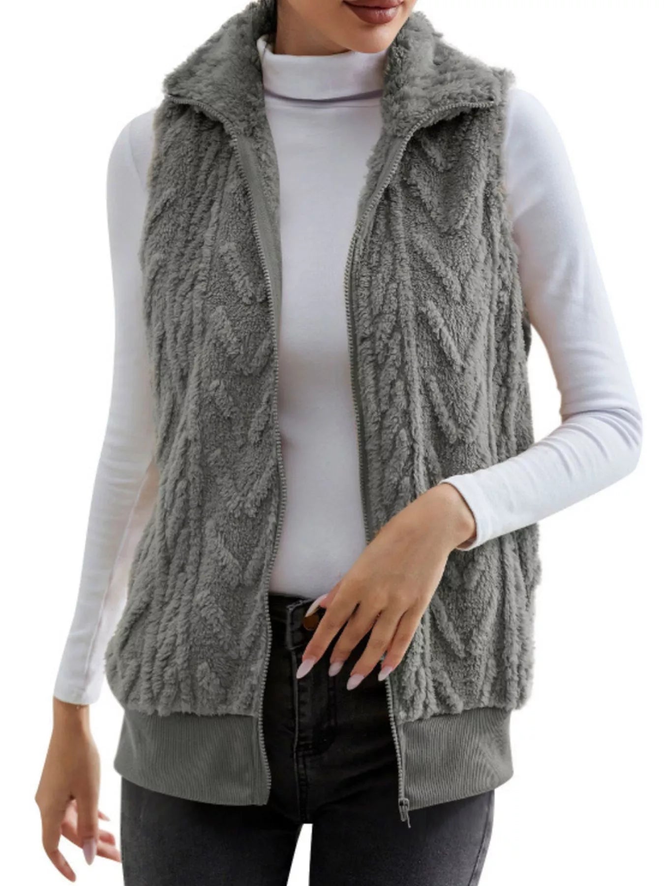 Full Size Cozy Faux Fur Zip-Up Vest Coat Plus Size