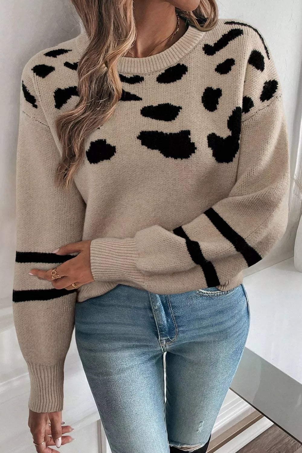 Leopard Round Neck Dropped Shoulder Sweater Mocha