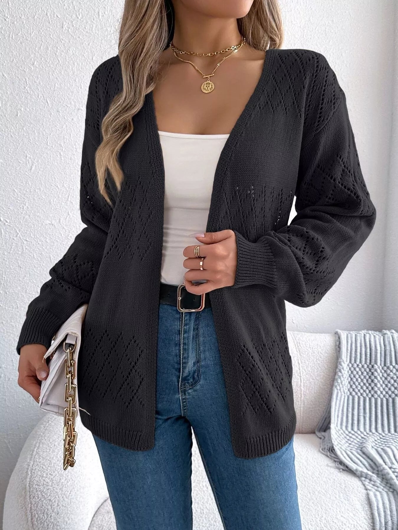 Openwork Open Front Long Sleeve Cardigan