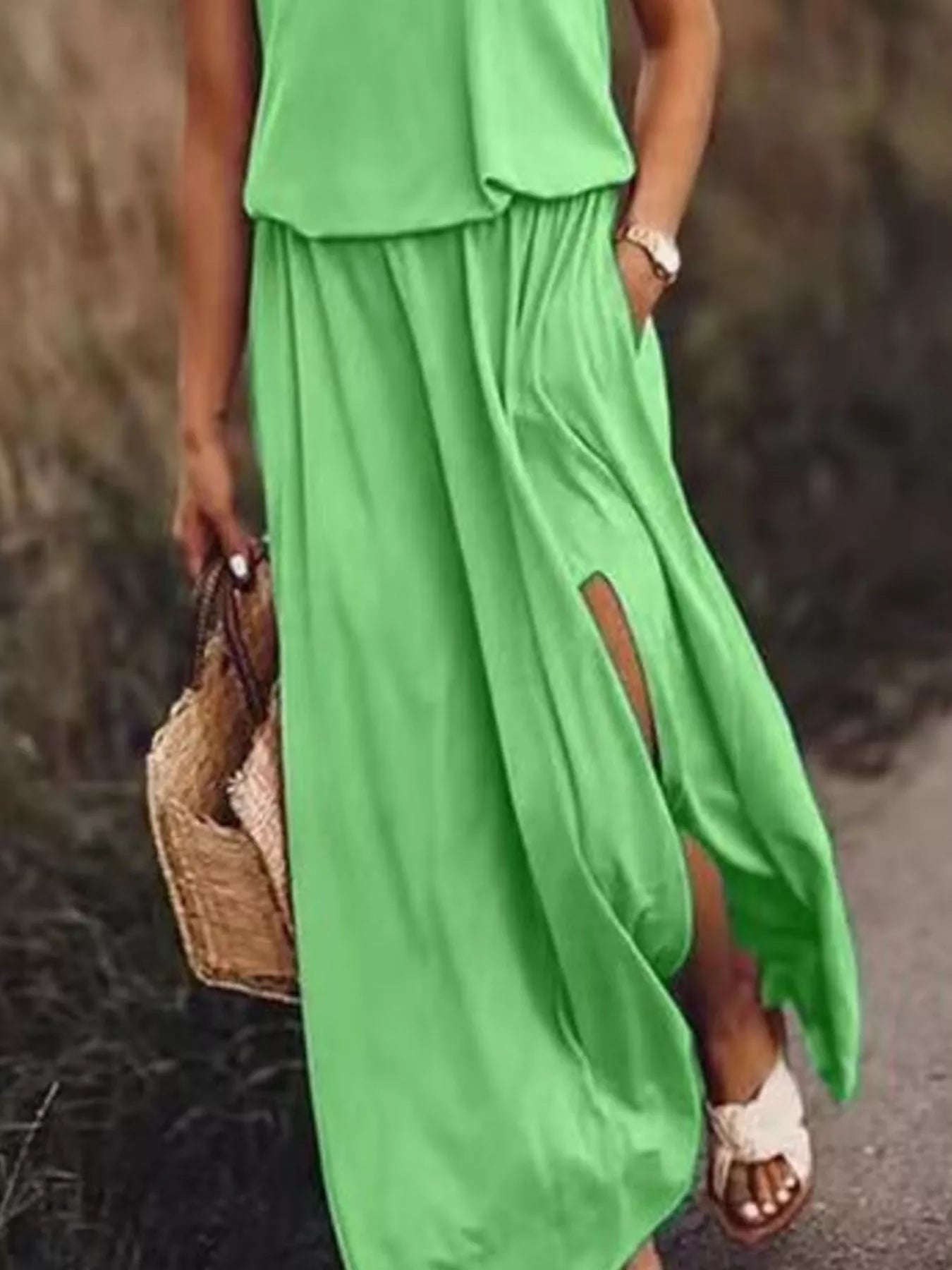 Full Size Round Neck Sleeveless Slit Maxi Dress Plus Size
