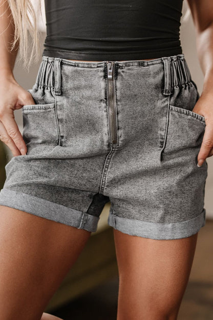 Zipped Cuffed Edge Denim Shorts Gray