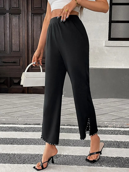 Pearl-Embellished Cropped Wide-Leg Pants
