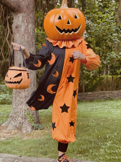 Halloween Two-Tone Star & Moon Print Jumpsuit Tangerine