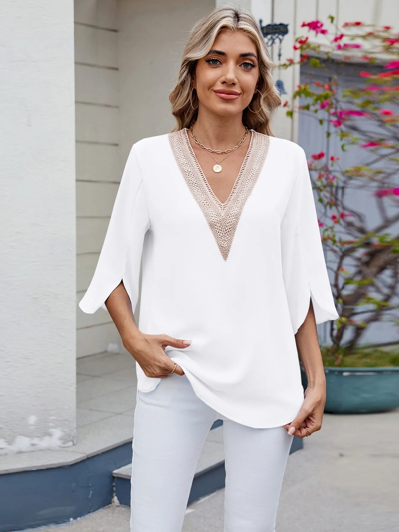 V-Neck Lace Trim Blouse