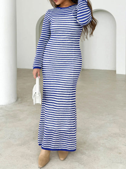 Devine Tied Round Neck Striped Sweater Dress Blue