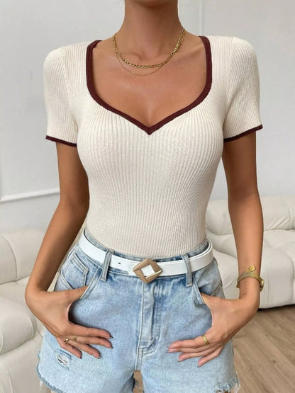 Ribbed Knit Contrast Trim Knit Top Apricot
