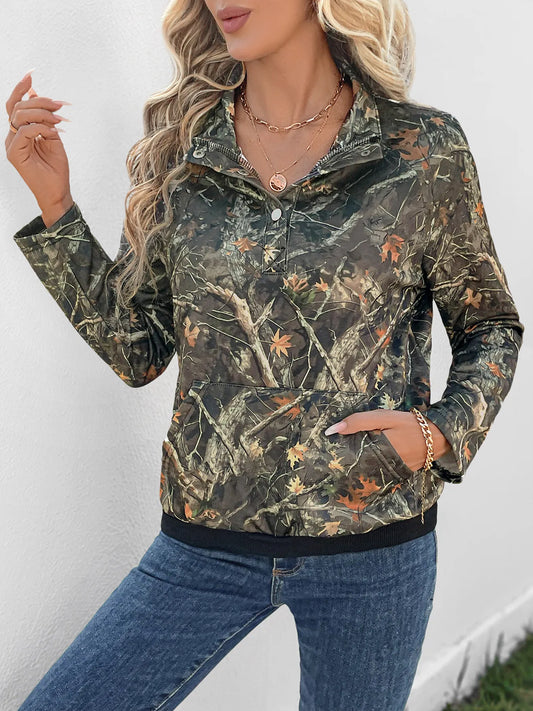 Printed Kangaroo Pocket Long Sleeve Sweatshirt Army Green