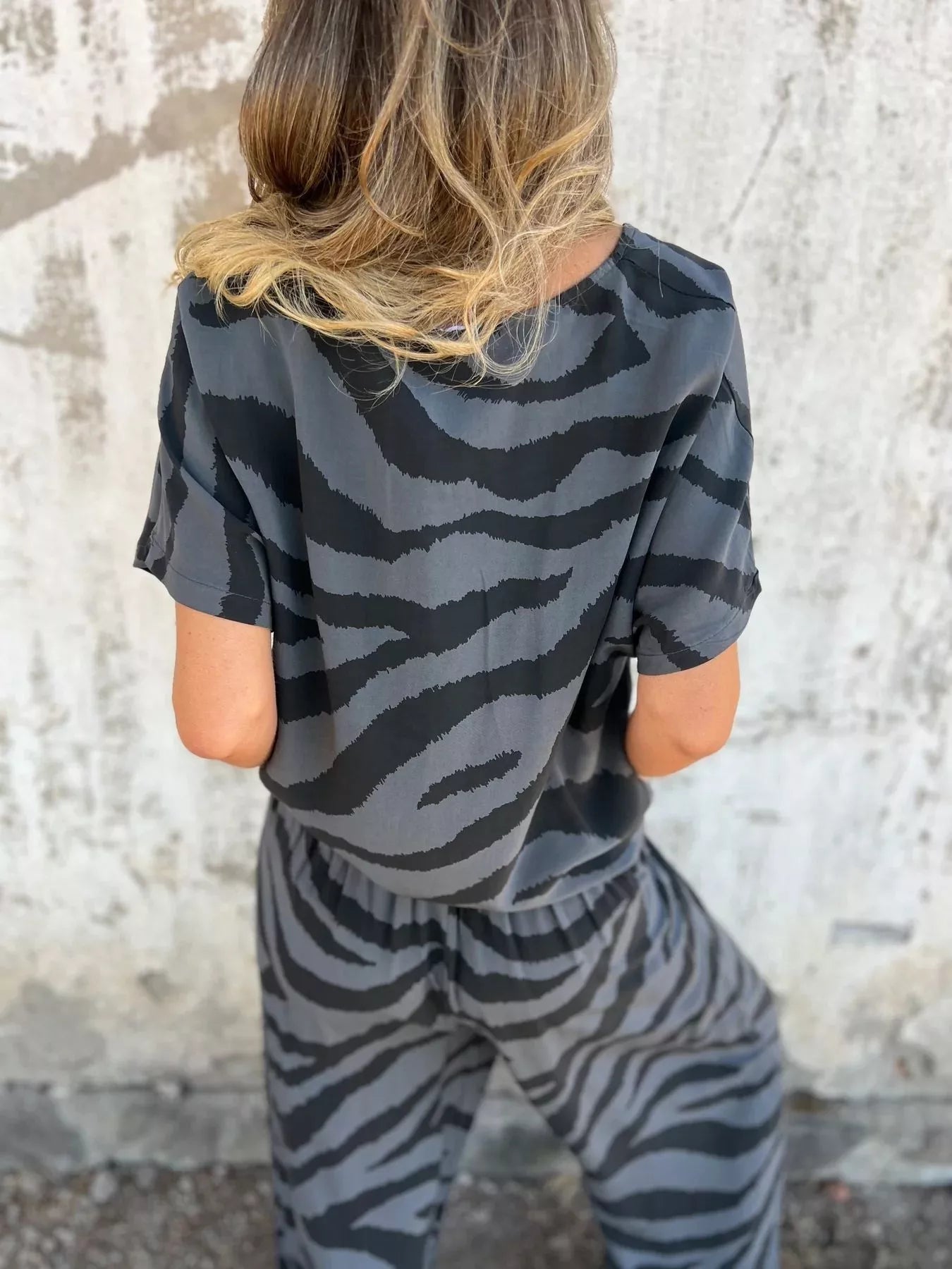 Zebra Print V-Neck Top and Pants Set