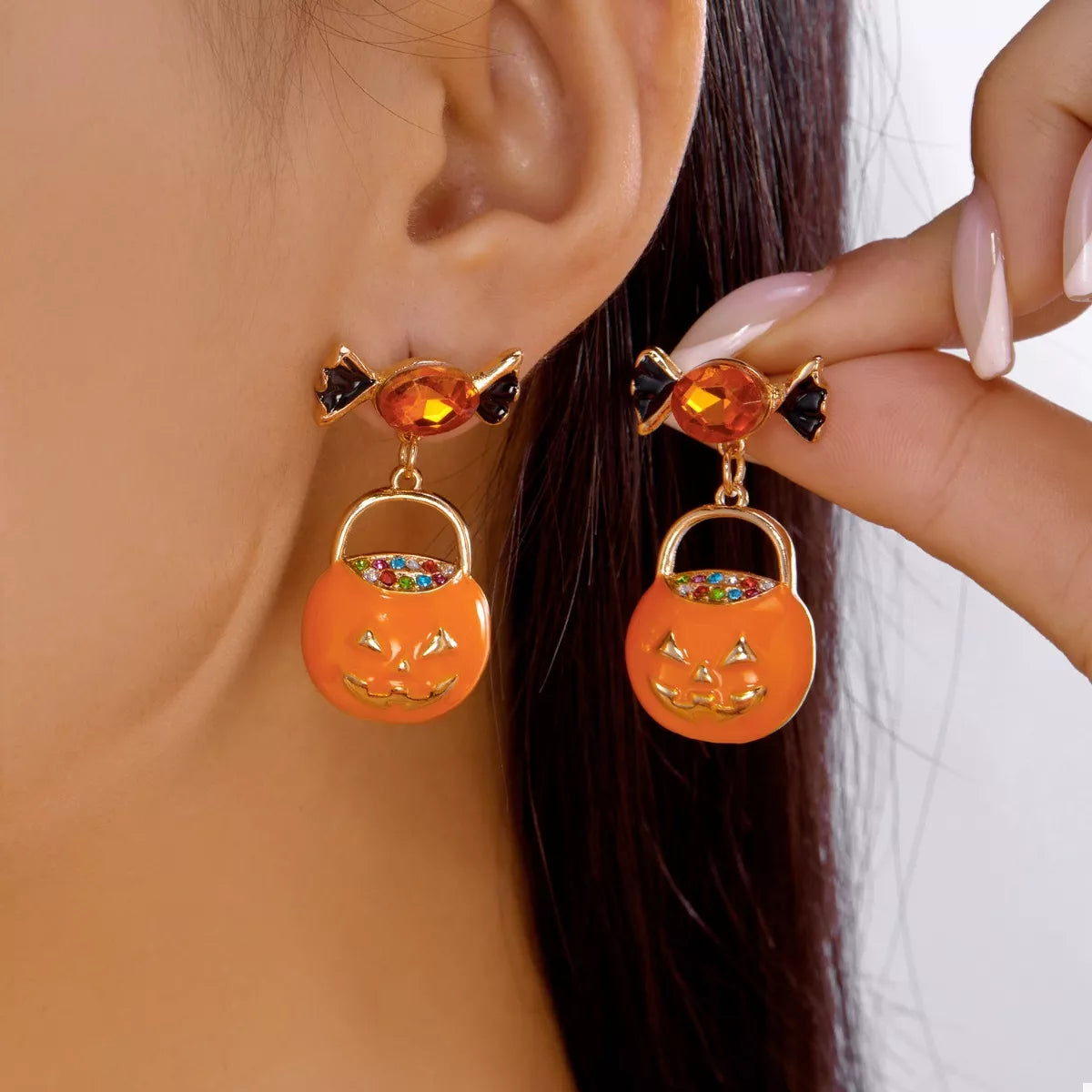 Halloween Rhinestone Pumpkin Dangle Earrings Orange One Size
