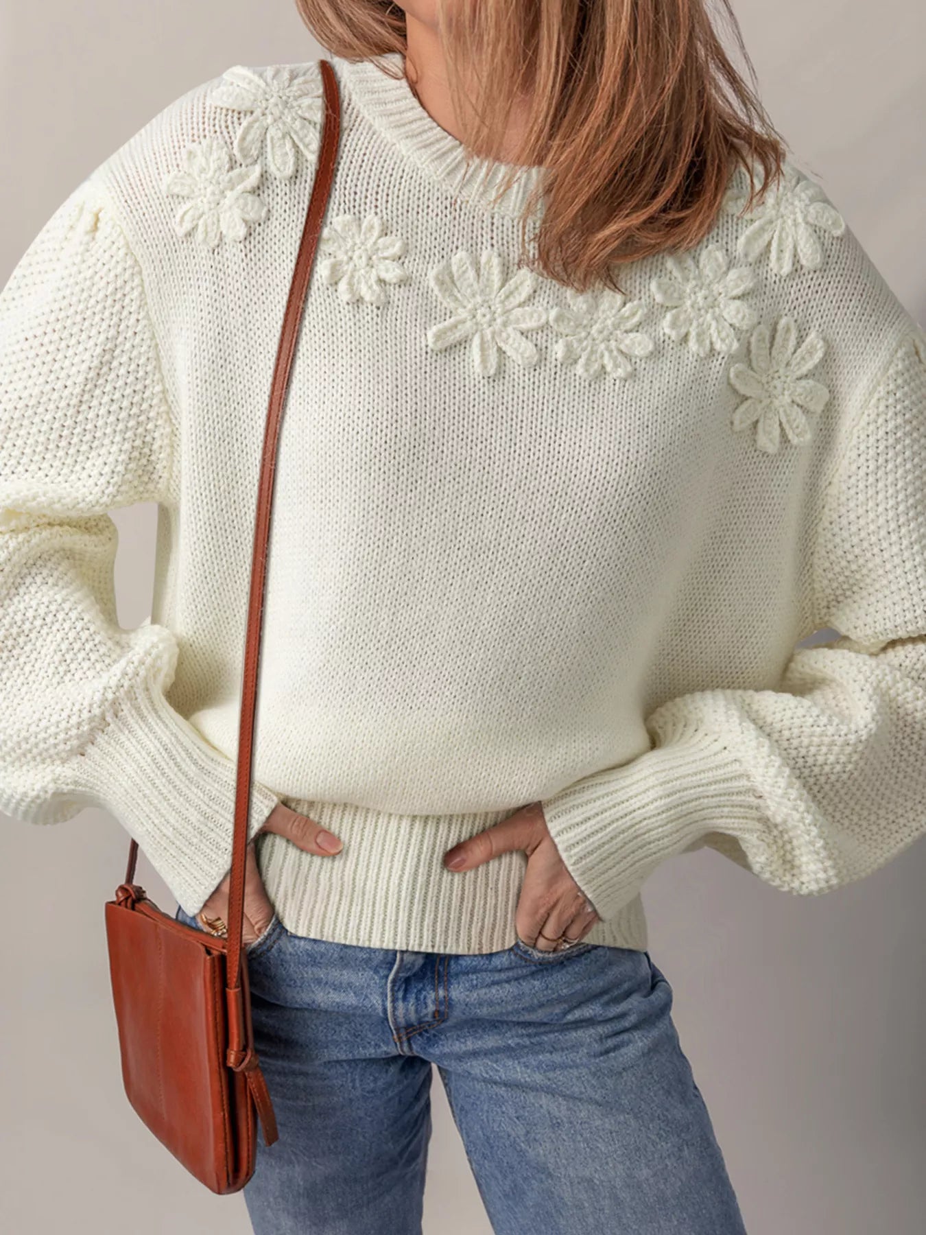 Flower Detail Round Neck Contrast Textured Puff Sleeve Sweater White