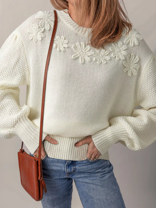 Flower Detail Round Neck Contrast Textured Puff Sleeve Sweater White
