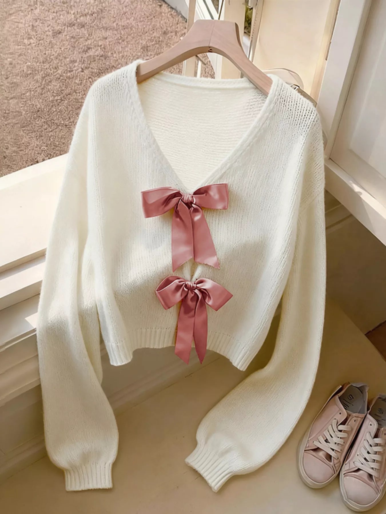 Bow-Knot Embellished V-Neck Cardigan Beige