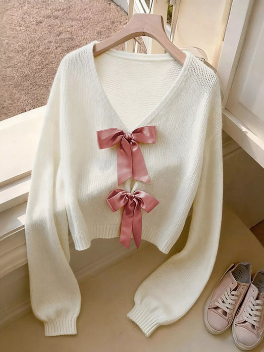 Bow-Knot Embellished V-Neck Cardigan Beige
