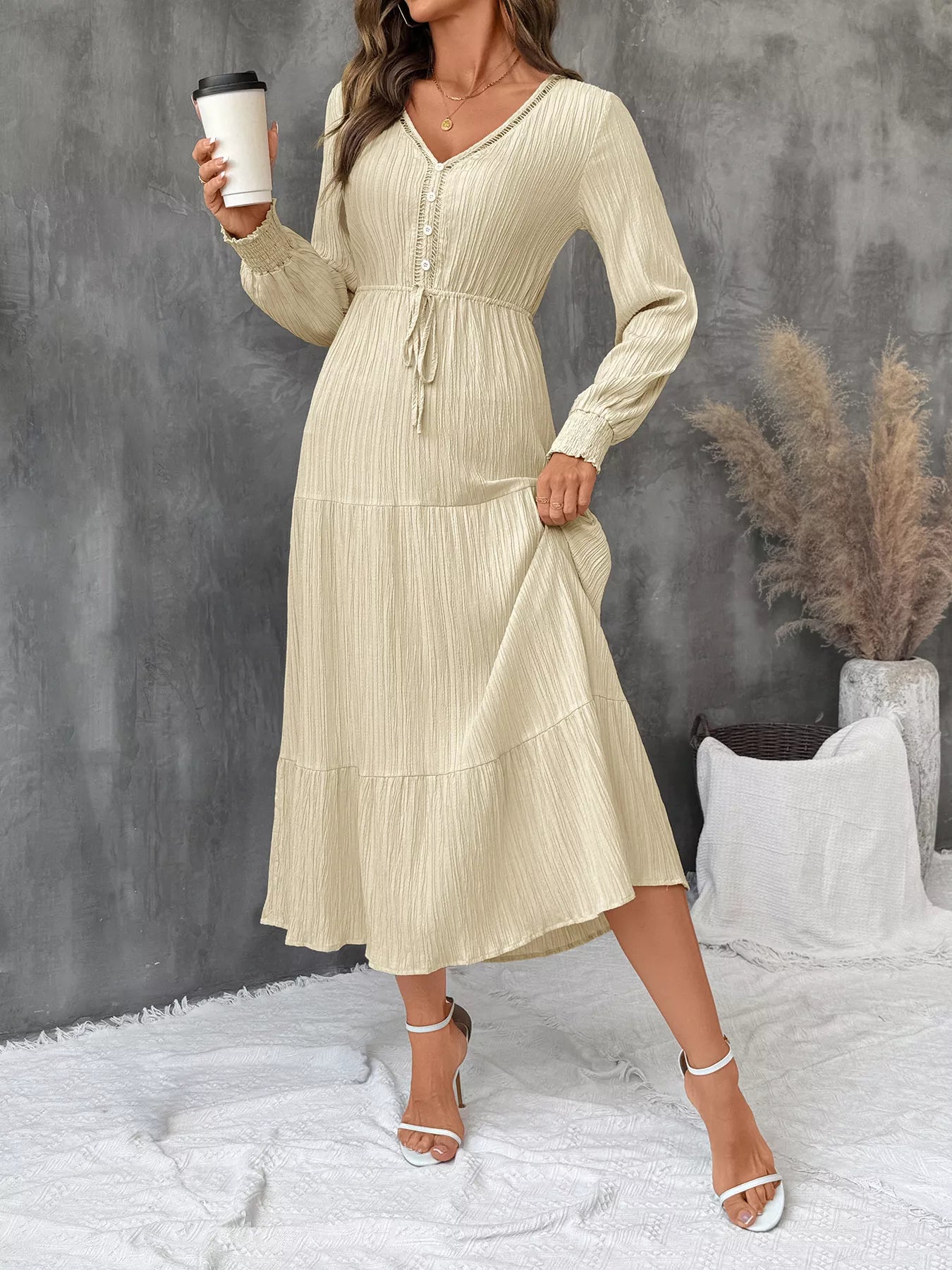 Tiered V-Neck Long Sleeve Dress