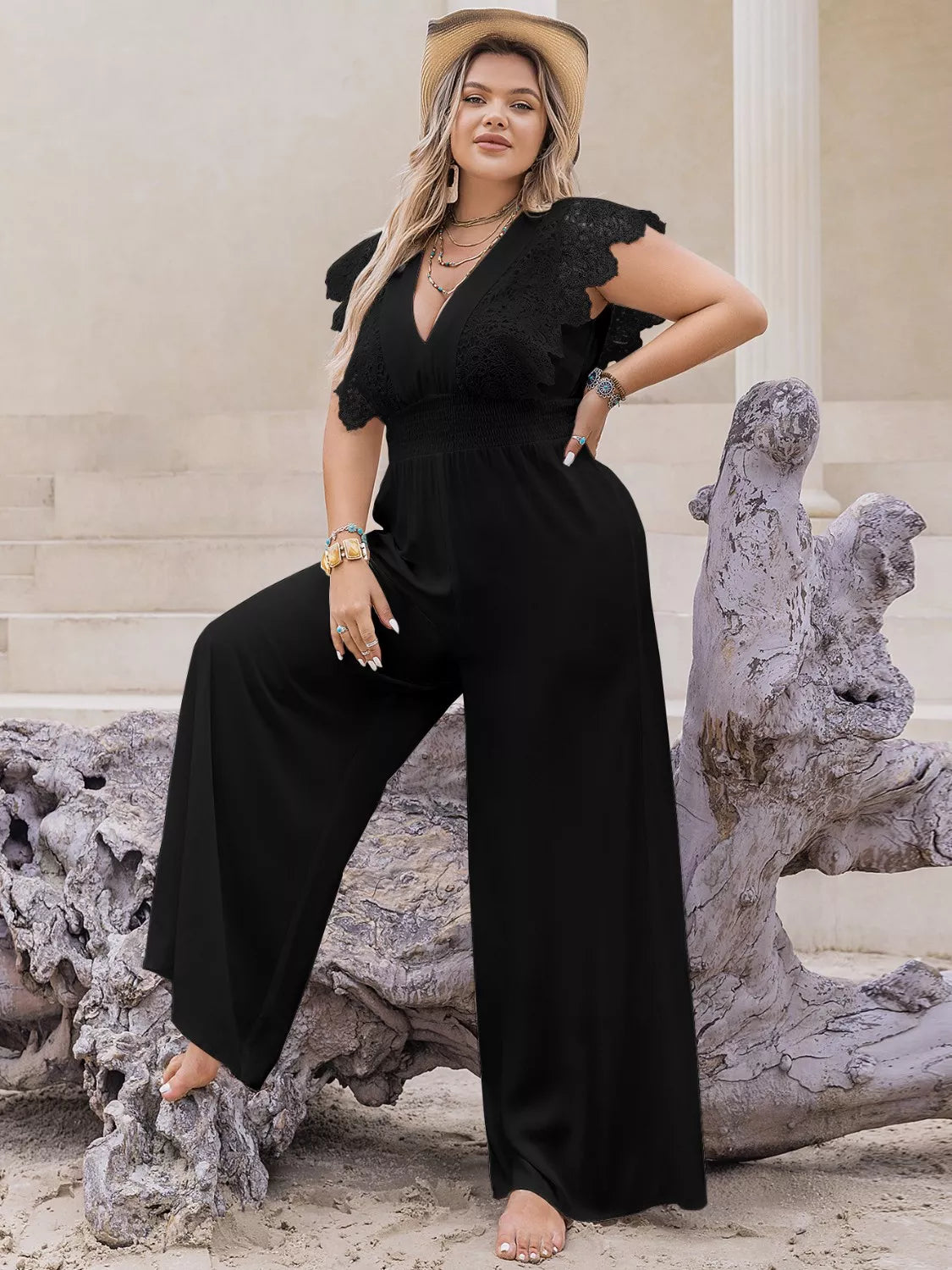 Plus Size Lace Cap Sleeve Wide Leg Jumpsuit