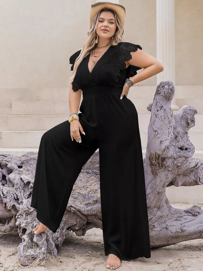 Plus Size Lace Cap Sleeve Wide Leg Jumpsuit