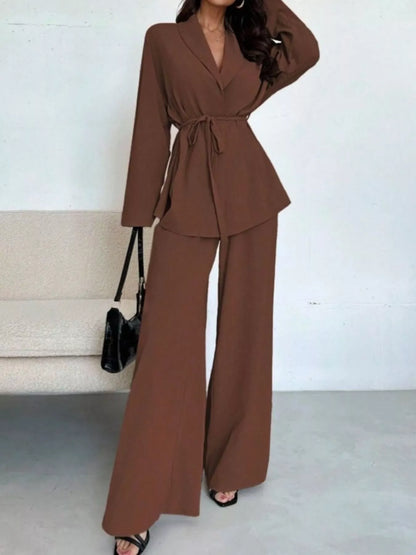 Front Tied Shirt and Wide-Leg Pants Set Dark Brown