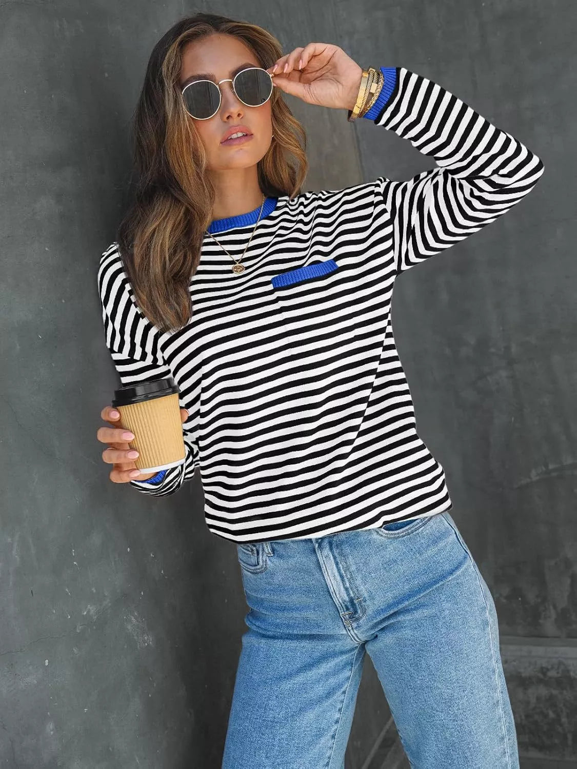 Striped Long Sleeve Sweater with Contrast Ribbed Trim Black Royal Blue