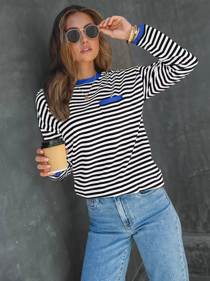 Striped Long Sleeve Sweater with Contrast Ribbed Trim Black Royal Blue